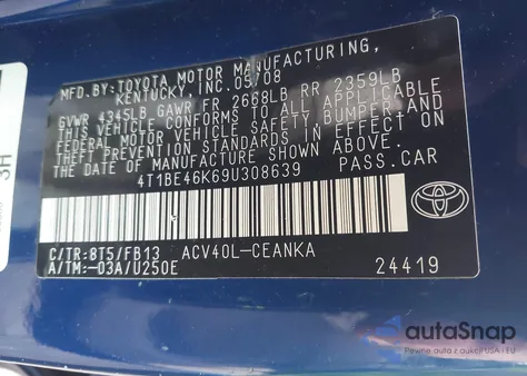 2009 Toyota Camry Le from USA, damaged, VIN 4T1BE46K69U308639